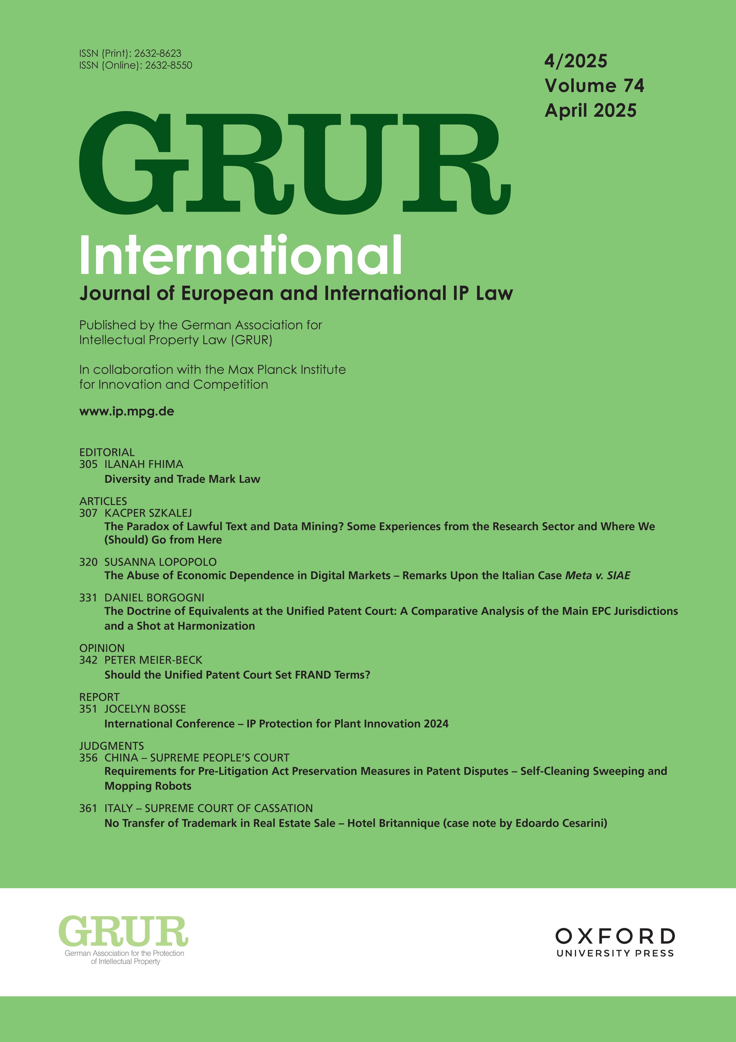 Cover image of current issue from GRUR International